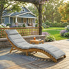 Folding Chaise Lounge Chair Outdoor, Acacia Wood Lounger Tanning Chair with Cushion, Headrest, Light Grey
