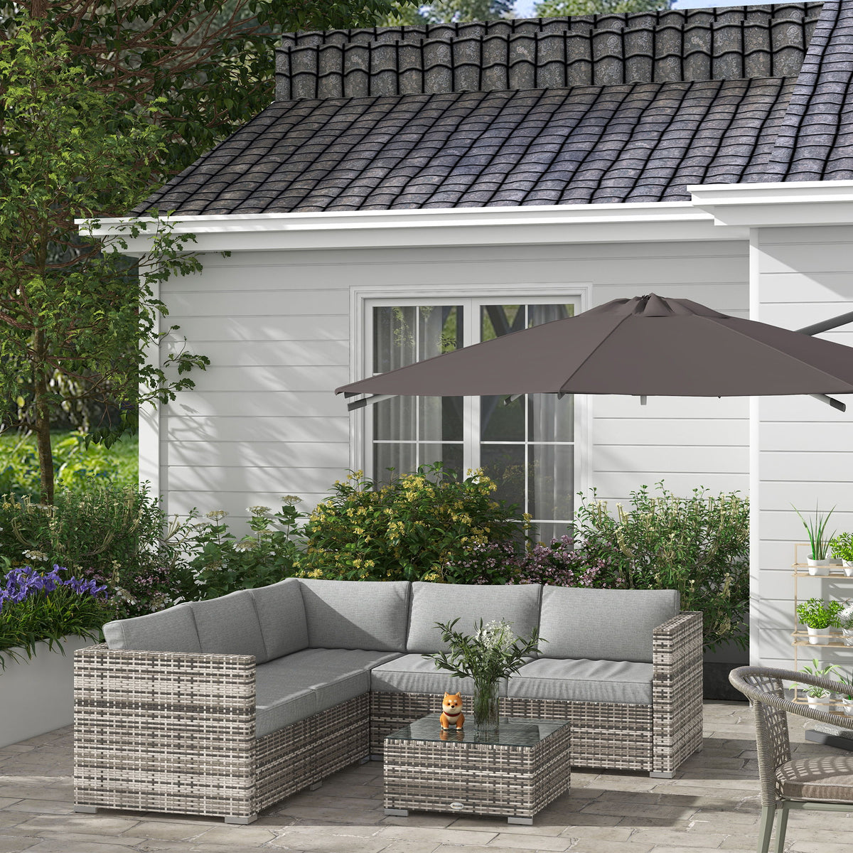 4 Pieces Rattan Wicker Outdoor Conversation Furniture Set w/ Corner Sofa Loveseats Coffee Table Cushions, Mixed Grey