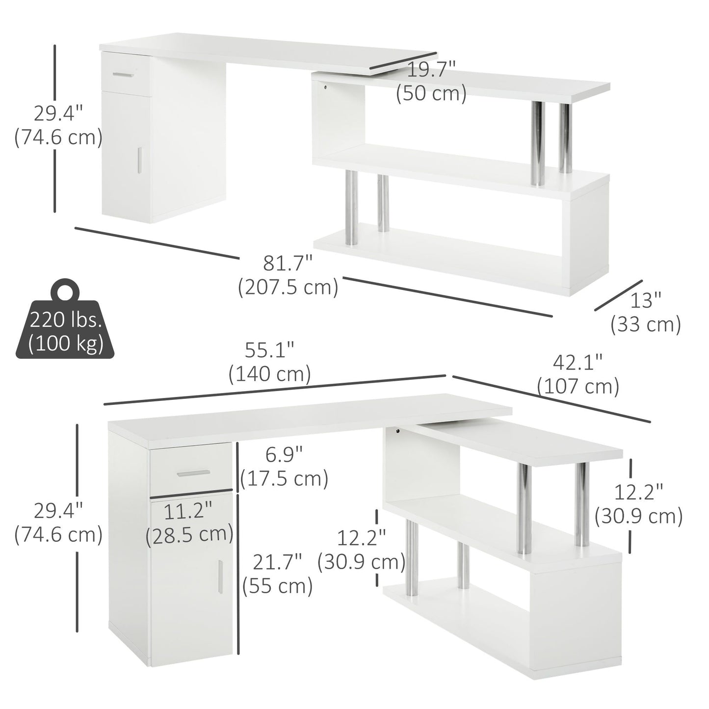 L-Shaped Rotating Computer Desk with Storage - White
