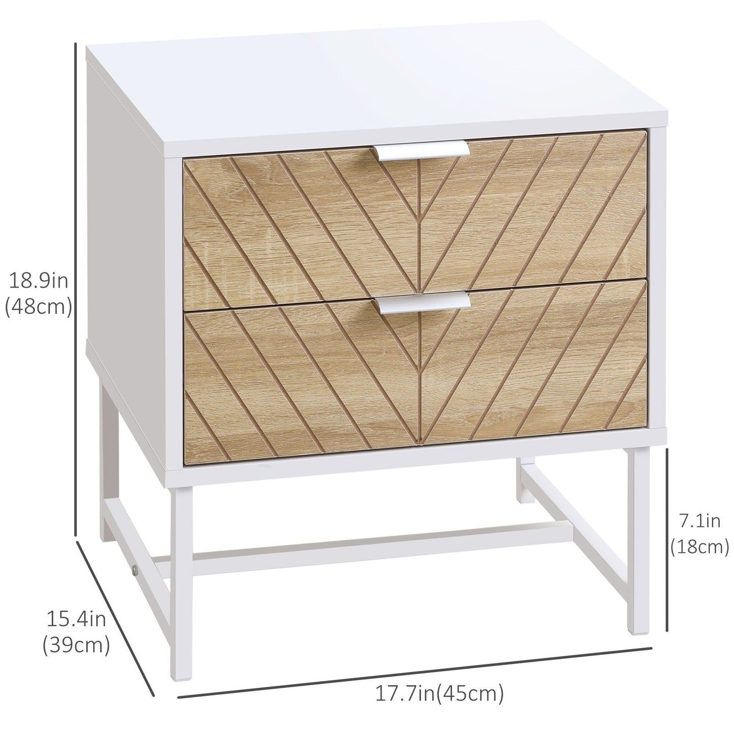 Nightstand with 2 Drawers and Steel Frame - White and Oak