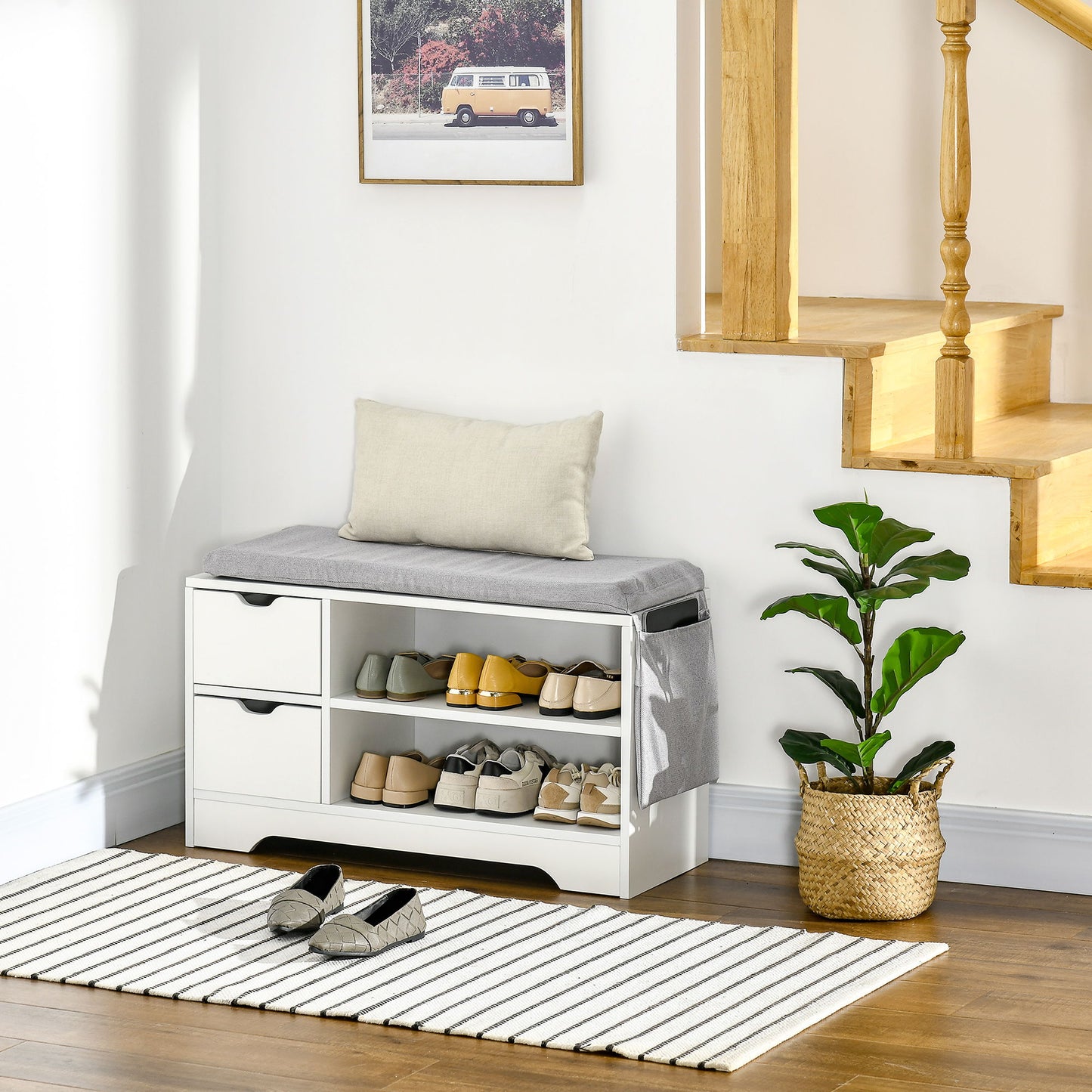 Upholstered Shoe Storage Bench w/ Seat, Entrance Bench w/ Drawer Open Shelves and Pocket for Hallway, White