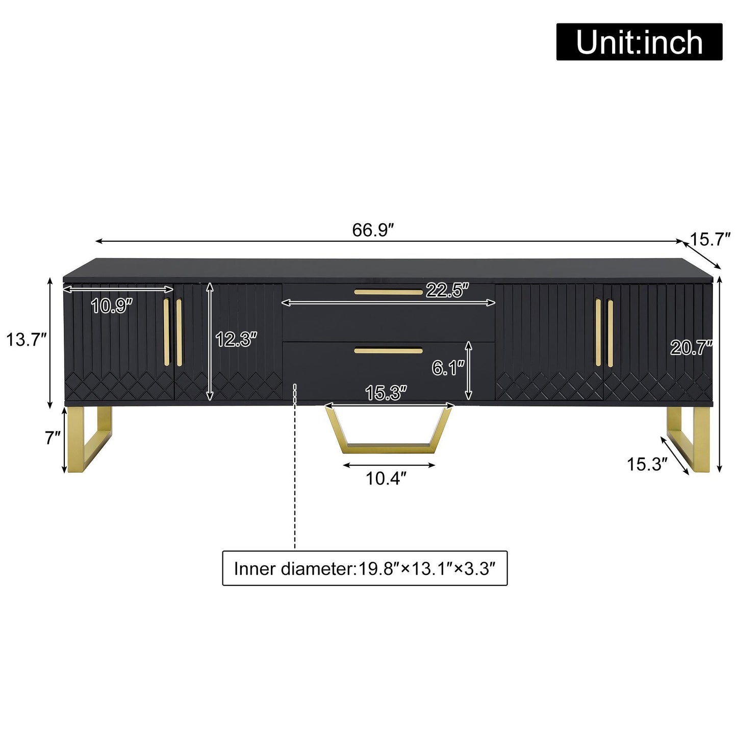 Modern TV Cabinet with Centre Drawers and Internal Shelves, Floor-Standing Console with Cable Management, 67'' L x 15.5'' W x 20.5'' H, Black