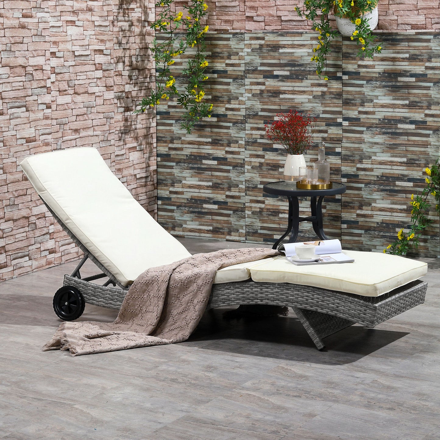 Outdoor Adjustable Wicker Chaise Lounge Chair with Cushion & Wheels for Patio, Deck, Poolside, Cream White