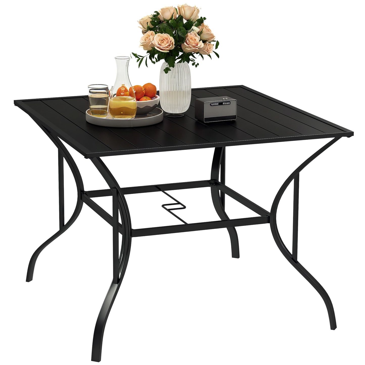Outdoor Dining Table for Four, Patio Table with Parasol Hole, Square Garden Table with Slatted Metal Plate Top, for Backyard, Poolside, Black