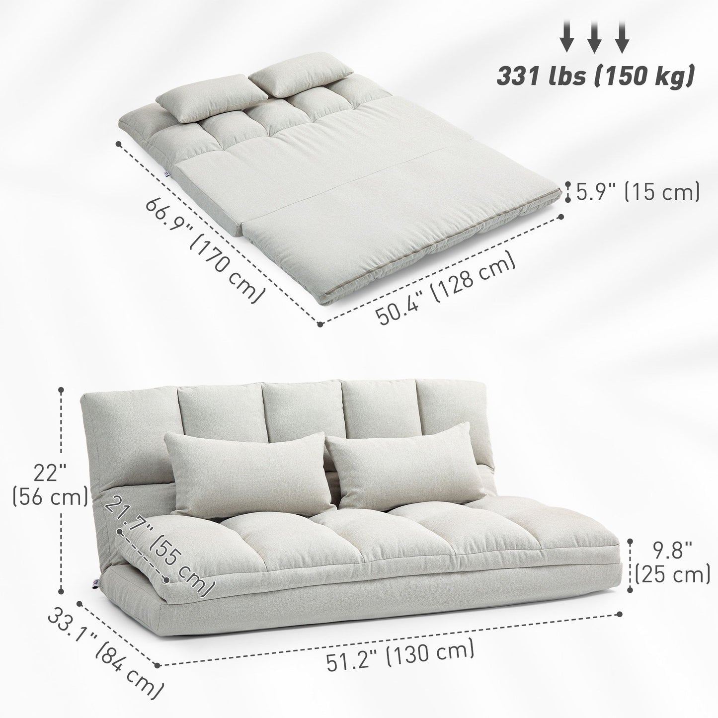 Convertible Floor Sofa, Foldable 2-Seater Lazy Sofa Sleeper with 9-position Backrest and 2 Pillows Cream White