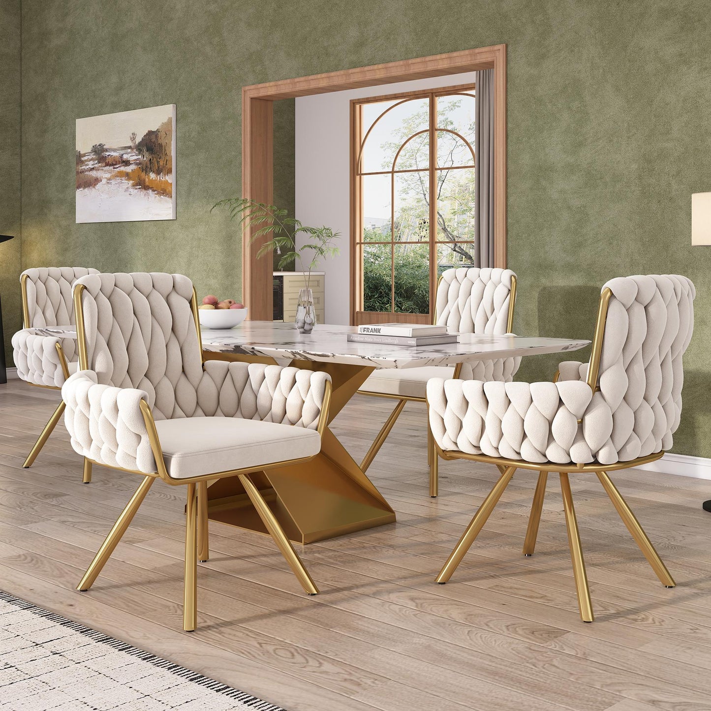 Set of 4 Velvet Tufted Dining Chairs with Ergonomic Support, Industrial-Chic Swivel Chairs with Metal Legs, 25'' L x 25'' W x 34'' H, Beige+Gold