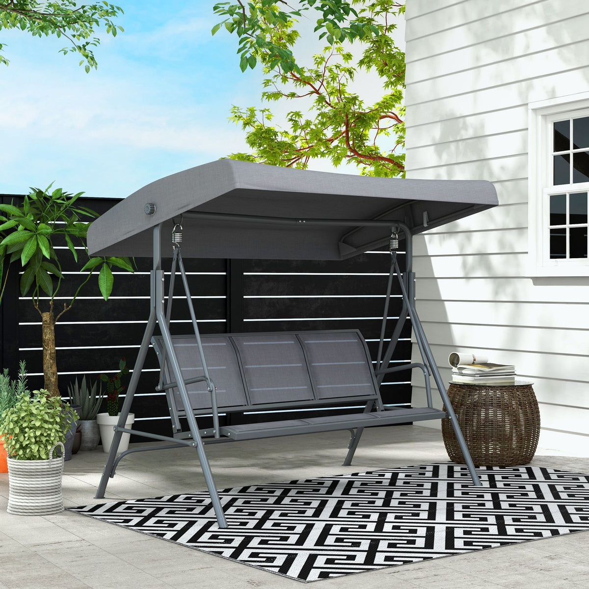 3-Seater Swing Chair Covered Garden Hammock A-Frame Outdoor Porch Glider Sling Seat with Adjustable Canopy Cover, Grey