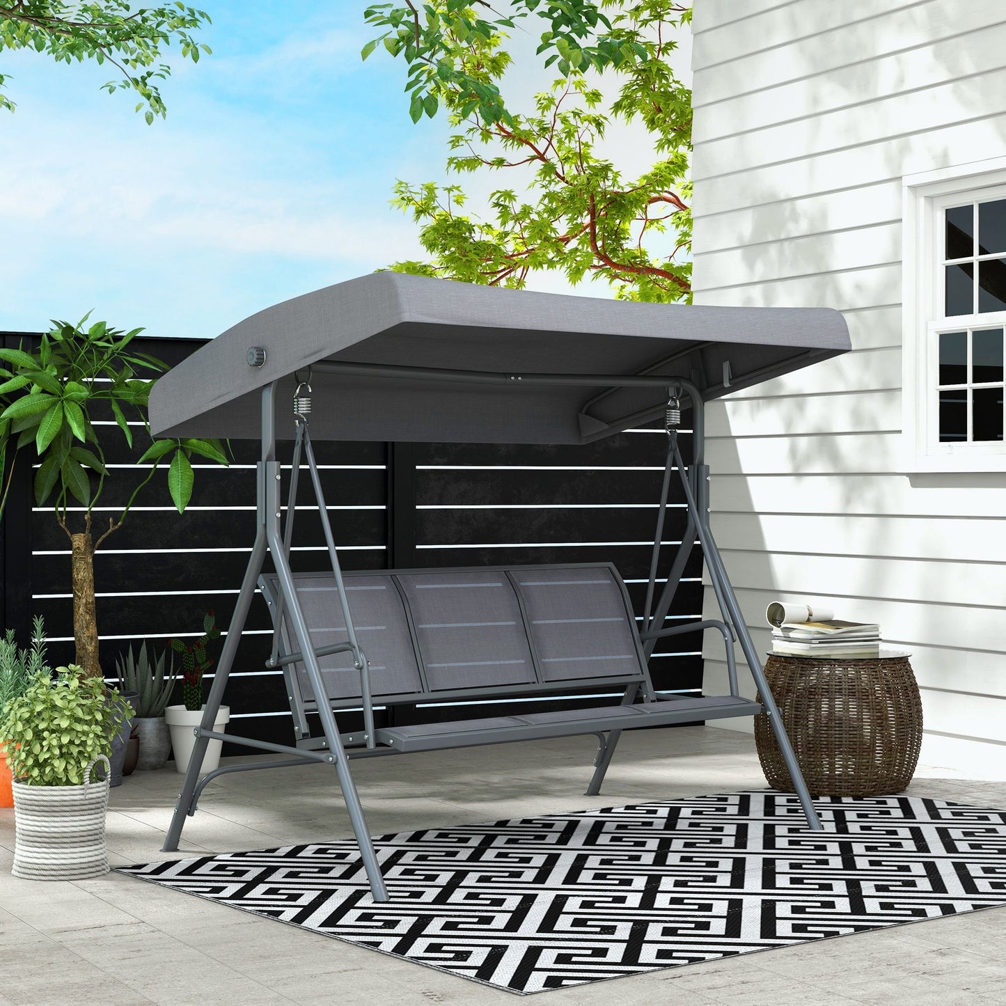 3-Seater Swing Chair Covered Garden Hammock A-Frame Outdoor Porch Glider Sling Seat with Adjustable Canopy Cover, Grey