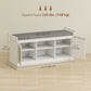 Shoe Bench with Padded Cushion, Boho Entryway Bench with Rattan Doors and Adjustable Shelves, Holds 9 Pairs, White