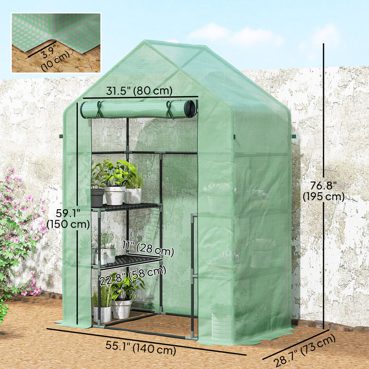 56" x 29" x 77" Dark Green 3-Tier Mini Greenhouse with 4 Shelves