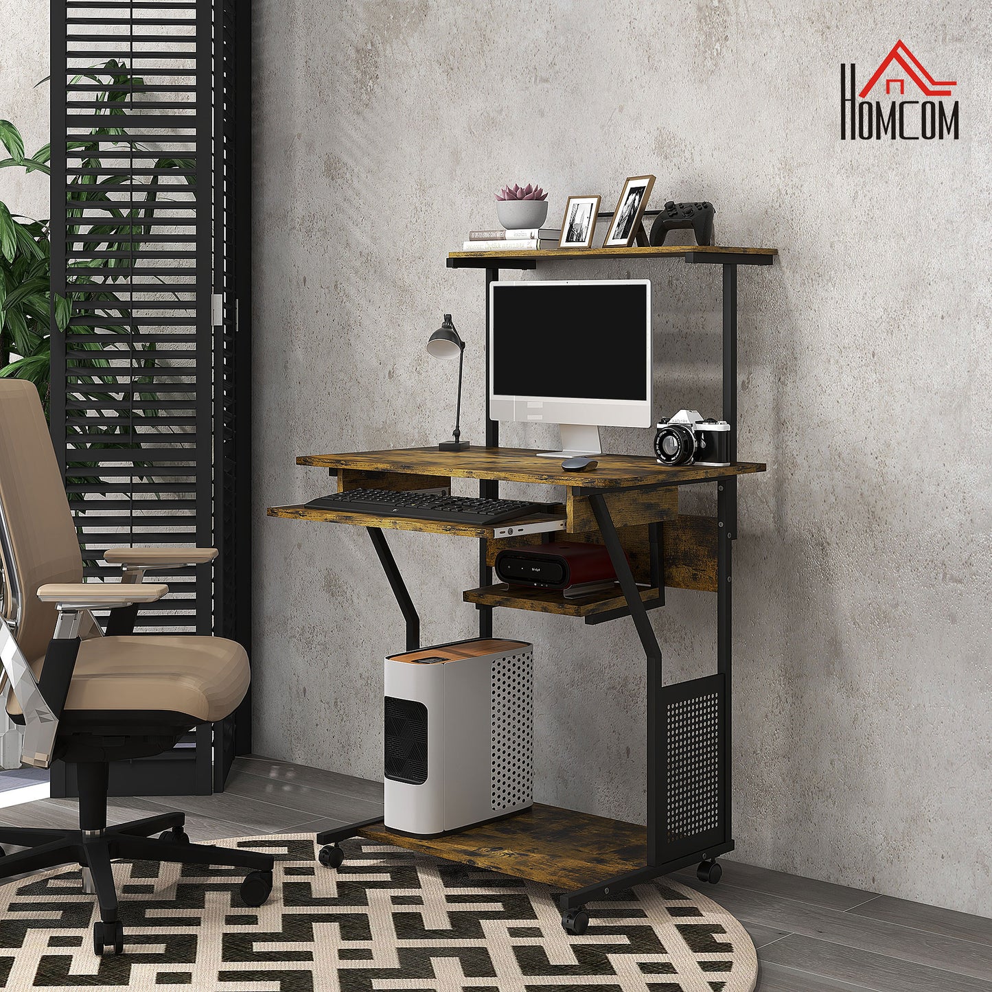32" Mobile Computer Table, Rolling Study Desk for Home Office with Keyboard Tray, Storage Shelves, Wheels, Rustic Brown