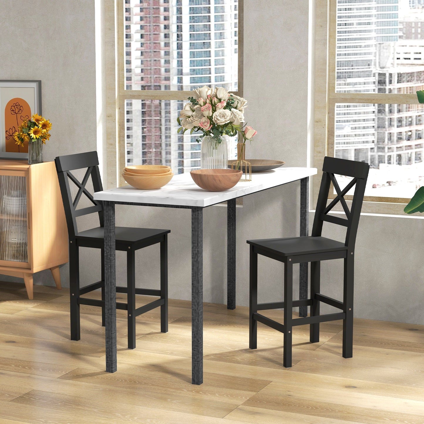 Solid Wood Counter Height Bar Stools Set of 2 - Black