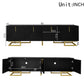 Modern TV Stand with Textured Doors, Gold Handles and Legs, Ample Storage Space, Easy to Install, 63" L x 15" W x 17.5" H, Black