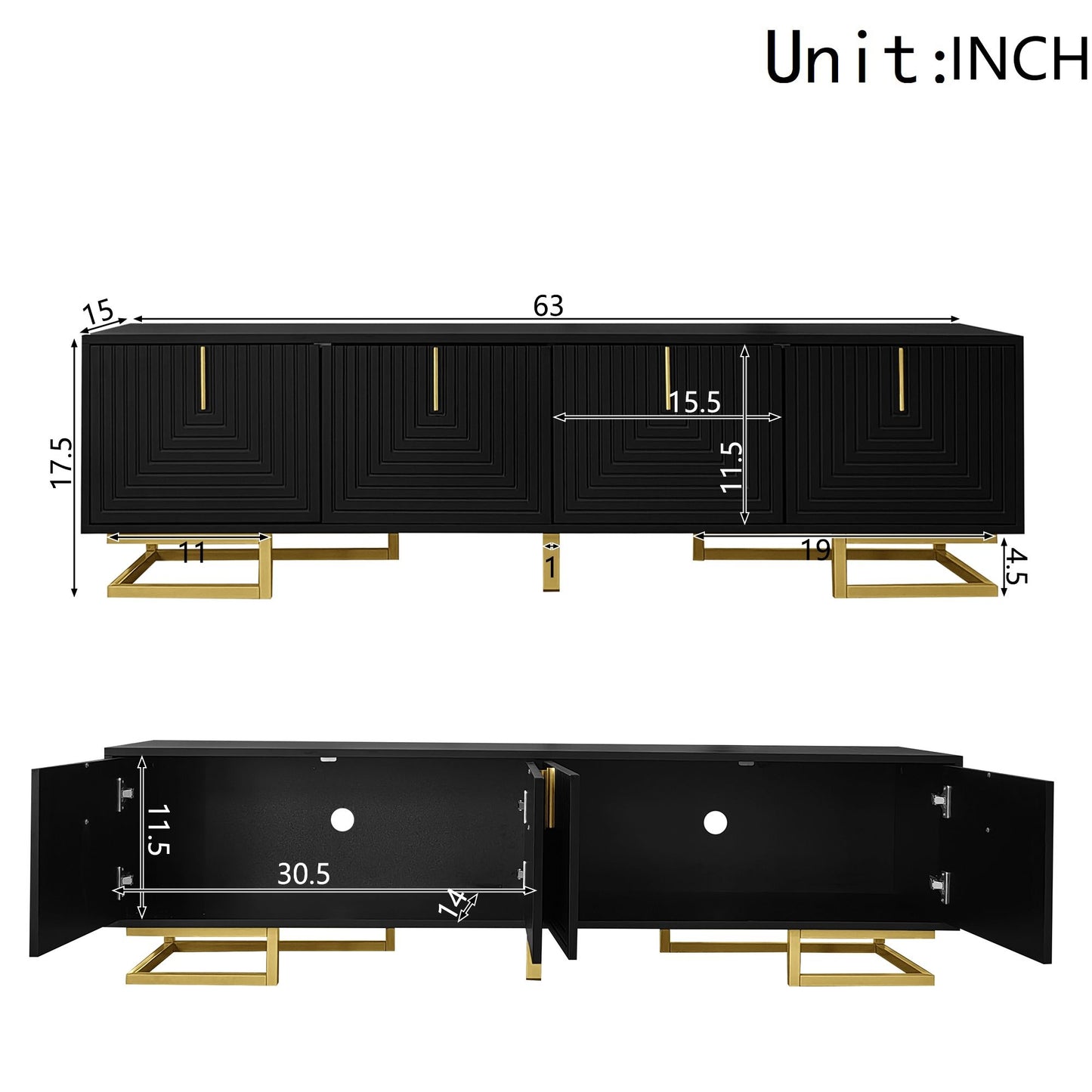 Modern TV Stand with Textured Doors, Gold Handles and Legs, Ample Storage Space, Easy to Install, 63" L x 15" W x 17.5" H, Black