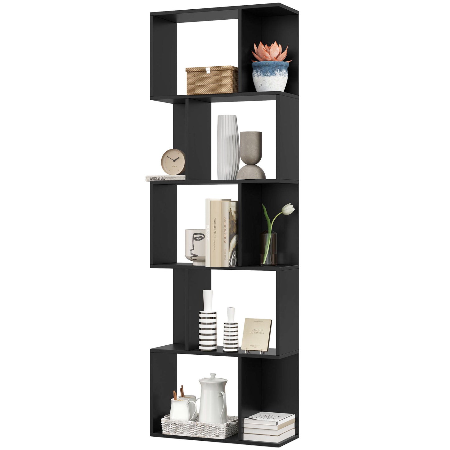 5-Tier Geometric Bookshelf, S Shaped Bookcase, Modern Freestanding Display Shelf Unit for Home Office, Black