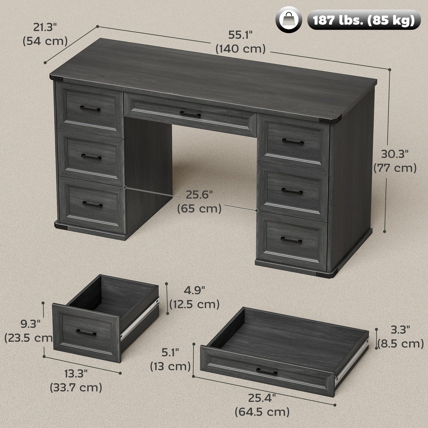 55" Executive Computer Desk with 7 Drawers - Black Wood Grain
