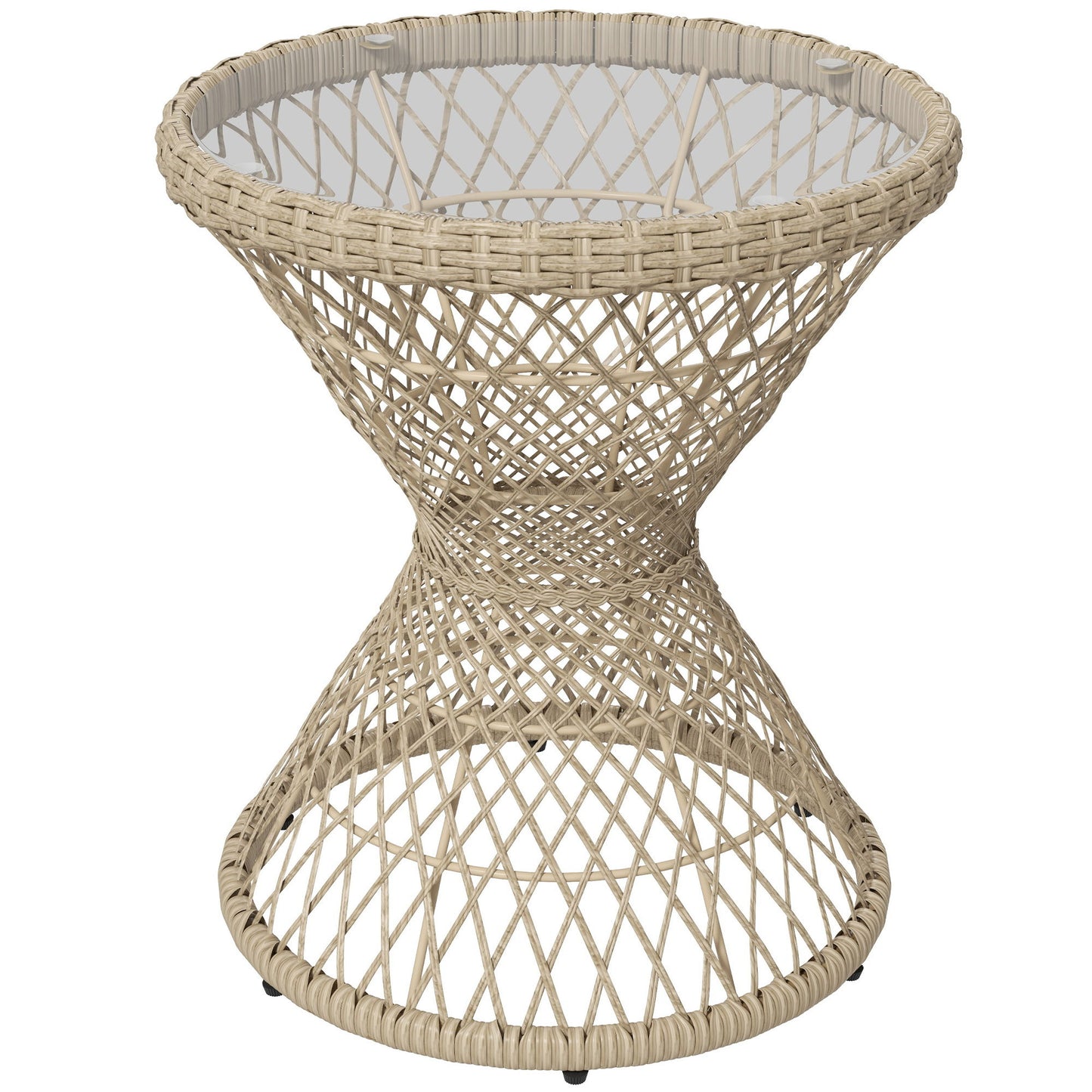 Wicker Outdoor Coffee Table, 18" Round Drum-Style Outdoor Patio Table with Tempered Glass Top, Light Brown