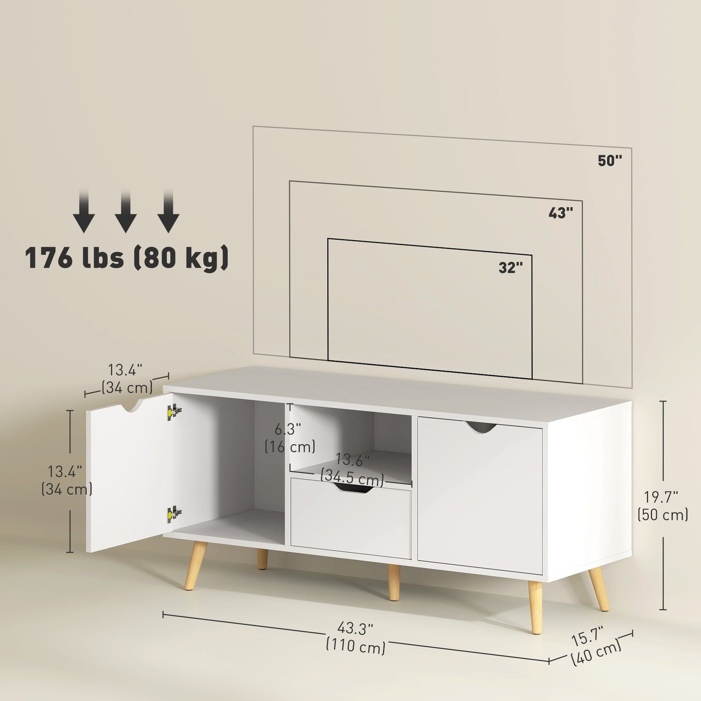 TV Stand with Drawer & 2 Cabinets, Up to 50" - White