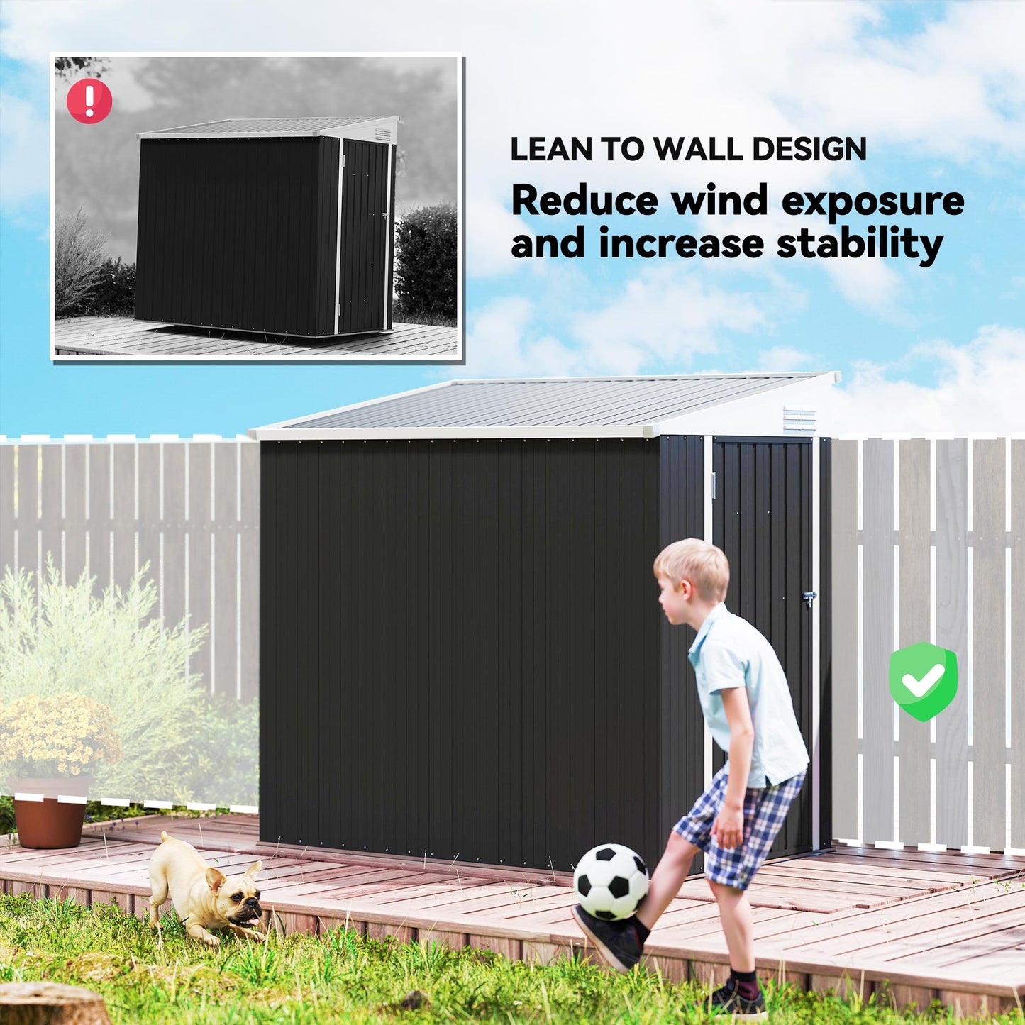 Outdoor Storage Shed Lean to Shed Outdoor Metal Tool Shed with Lockable Door and Air Vents, Dark Grey