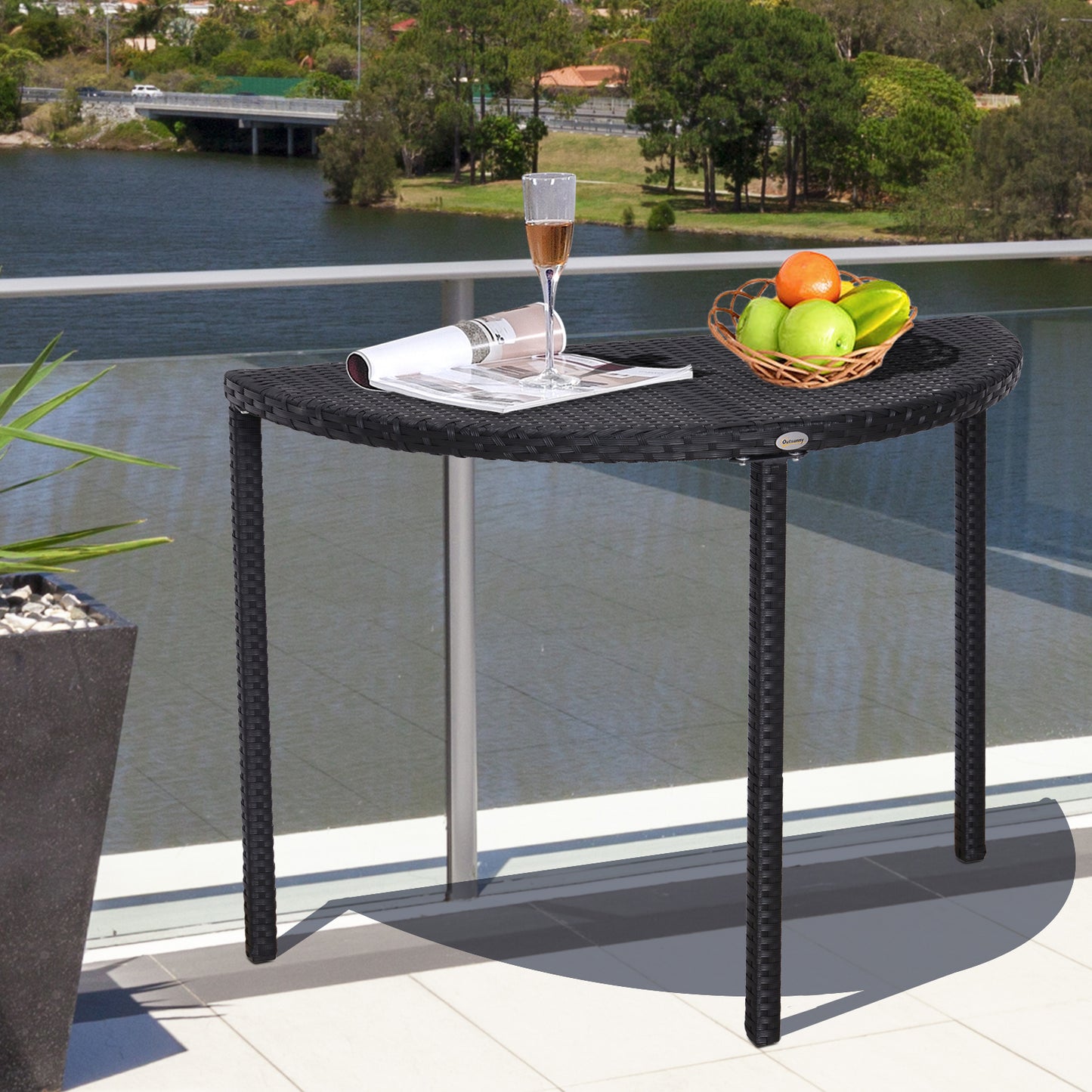 Half Round Side Table, PE Rattan Coffee Table with Metal Frame for Patio, Garden, Balcony, Black