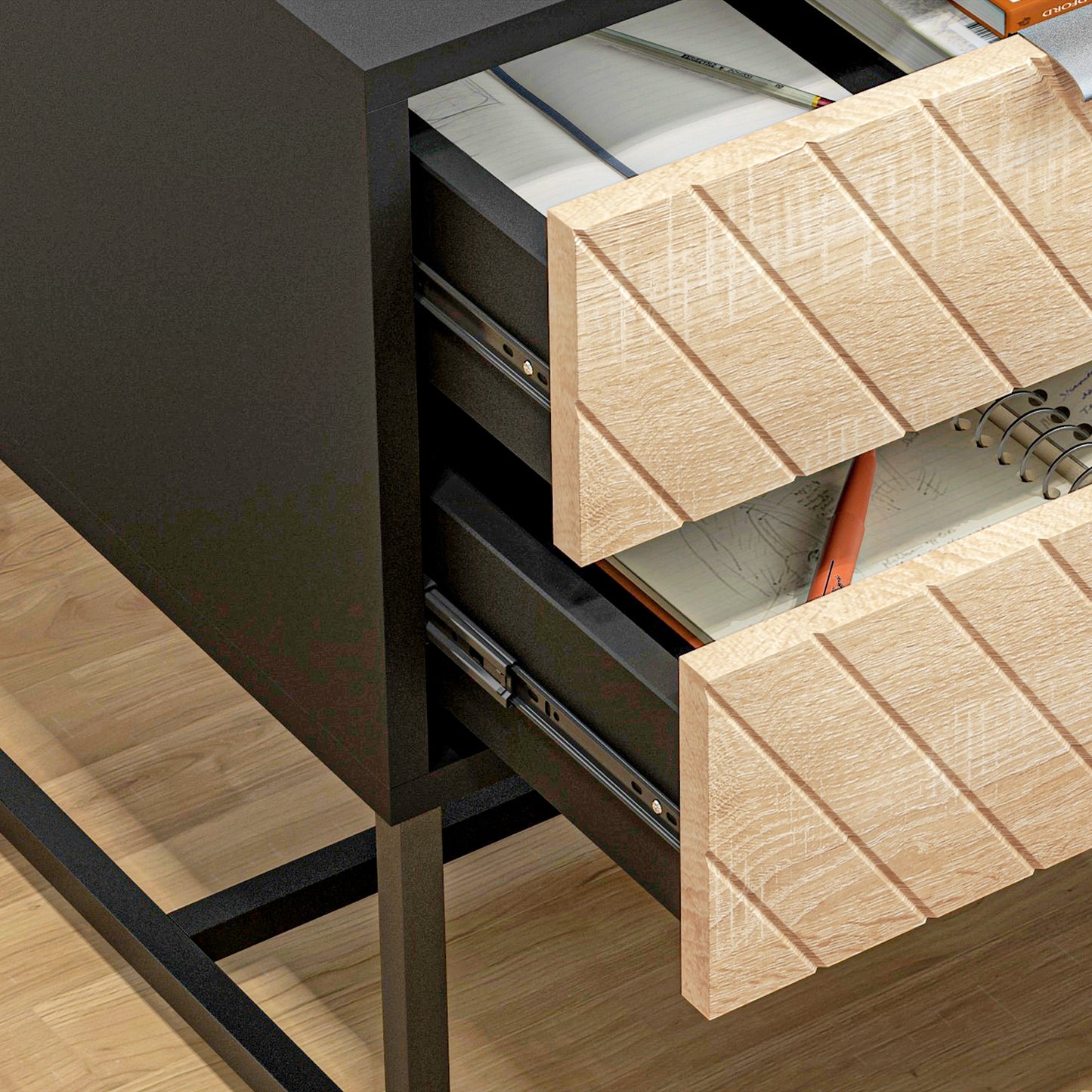 Modern Bedside Table with 2 Drawers and Steel Frame, Sofa Side Table for Bedroom Living Room, Black and Oak