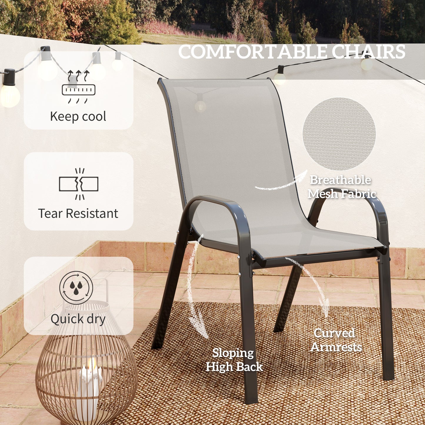 3 Pieces Bistro Set, Small Patio Furniture Set with Stackable Mesh Chairs, Glass Table for Garden, Light Mixed Brown