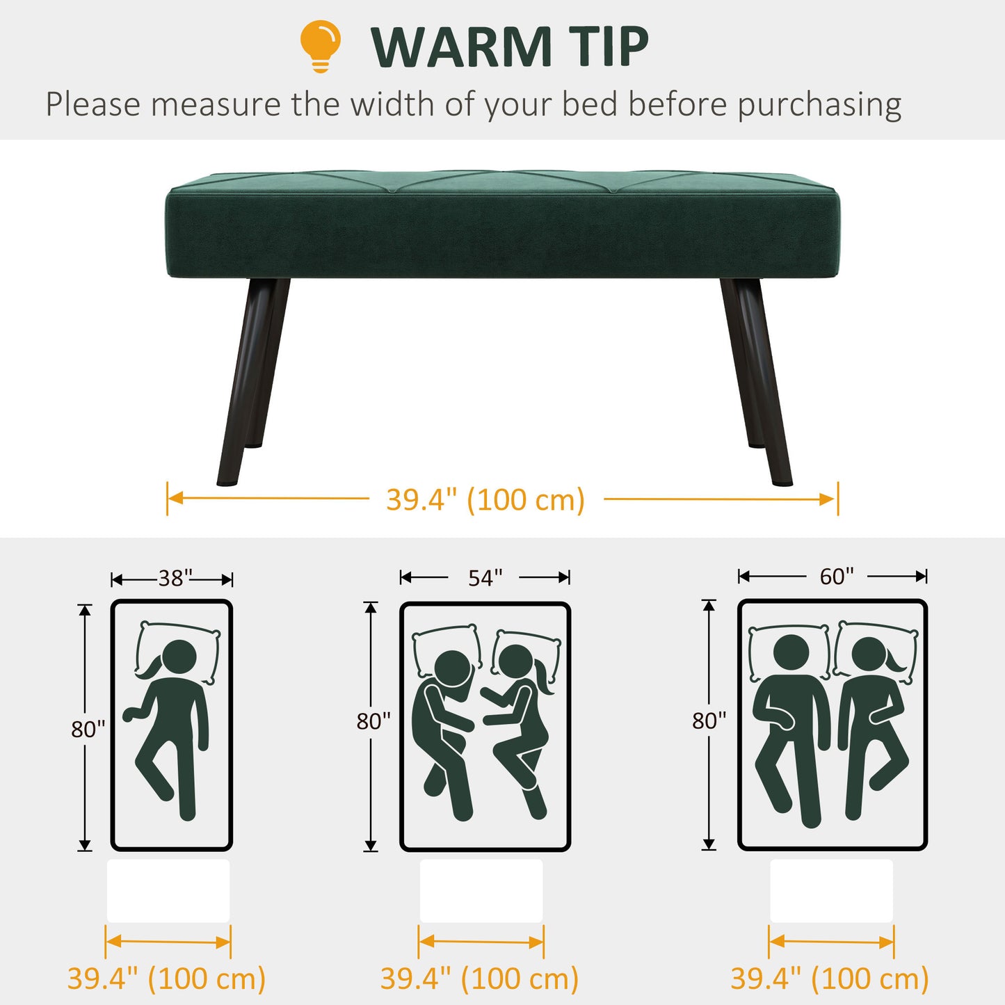 39 Inches Upholstered Bedroom Bench, Modern End of Bed Bench with Steel Legs, Green