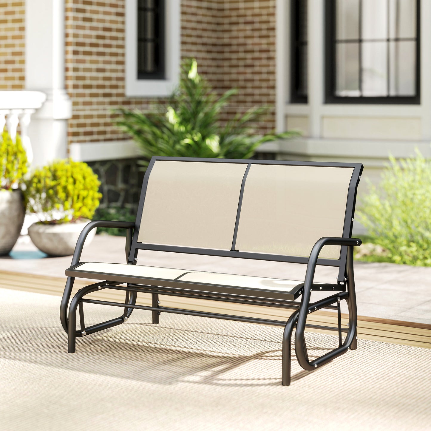 Outdoor Glider Bench, 2 Person Patio Glider Chair, Gliding Outdoor Garden Loveseat Swing Bench with Breathable Mesh Fabric, Steel Frame for Backyard, Porch, Cream White