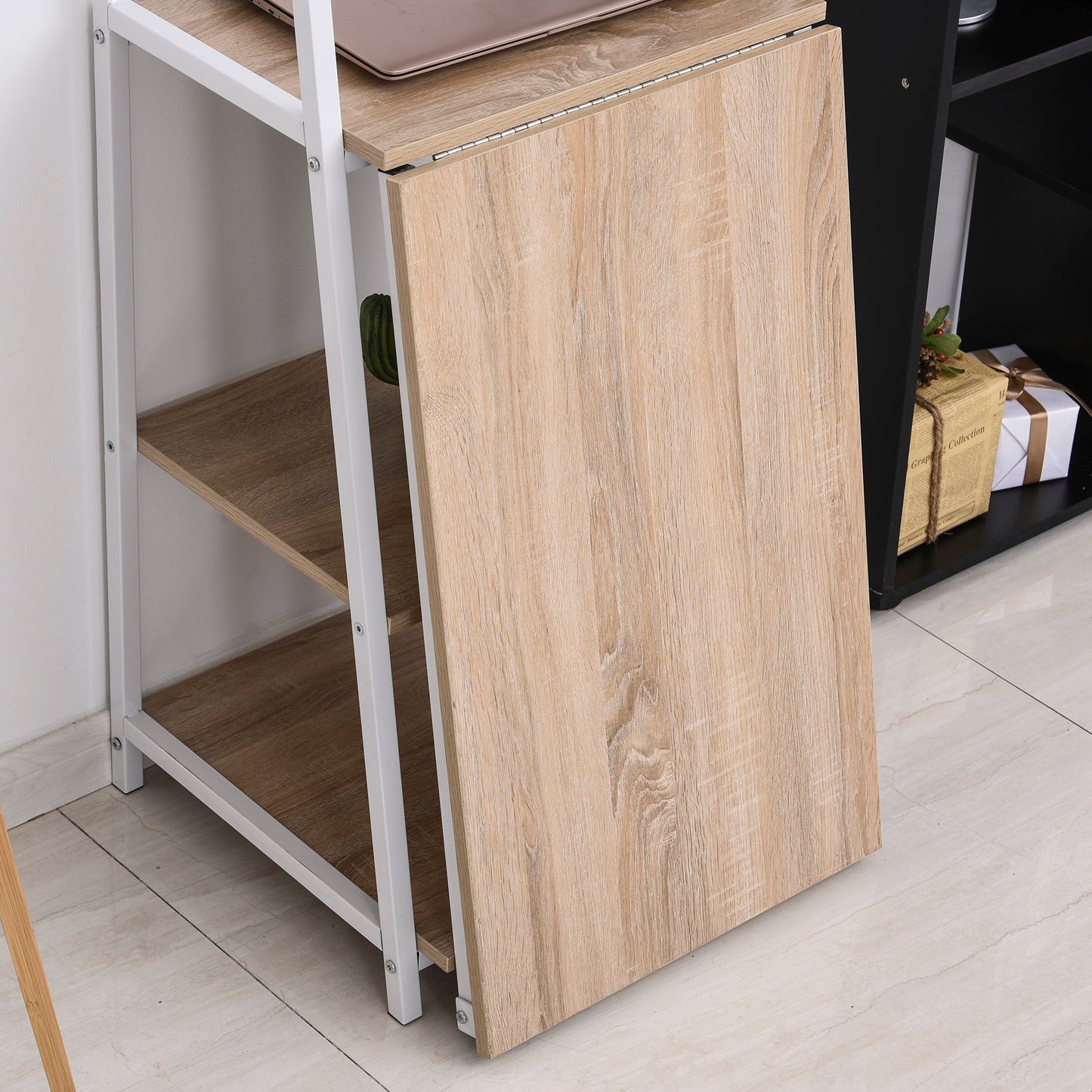 Computer Desk with Storage Sheves and Foldable Tabletop, Writing Desk for Home Office and Study, White, Natural
