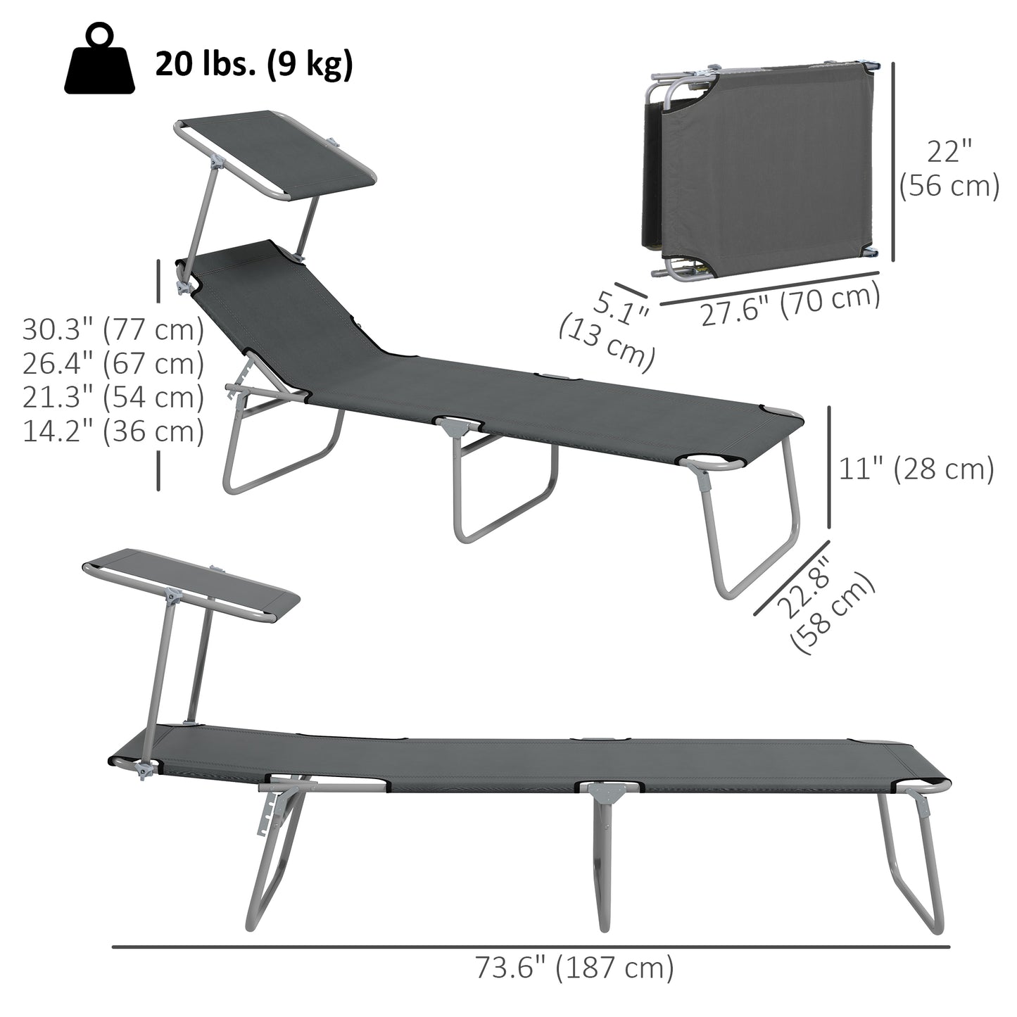 2Pcs Outdoor Lounge Chair, Adjustable Folding Chaise Lounge with Sun Shade for Beach, Camping, Hiking, Grey