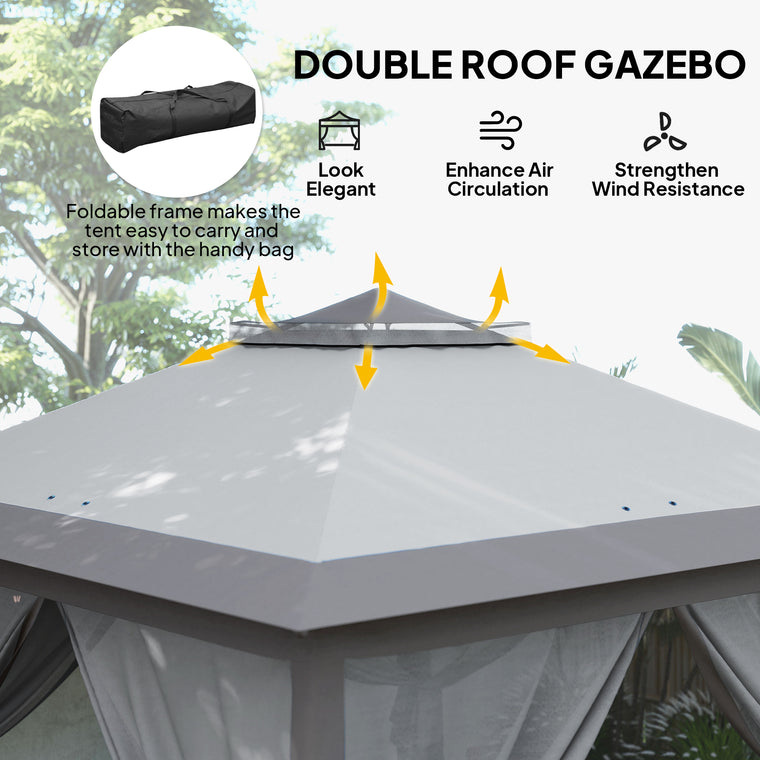 11' x 11' Grey Pop-Up Gazebo with Double Roof & Mesh Sidewalls