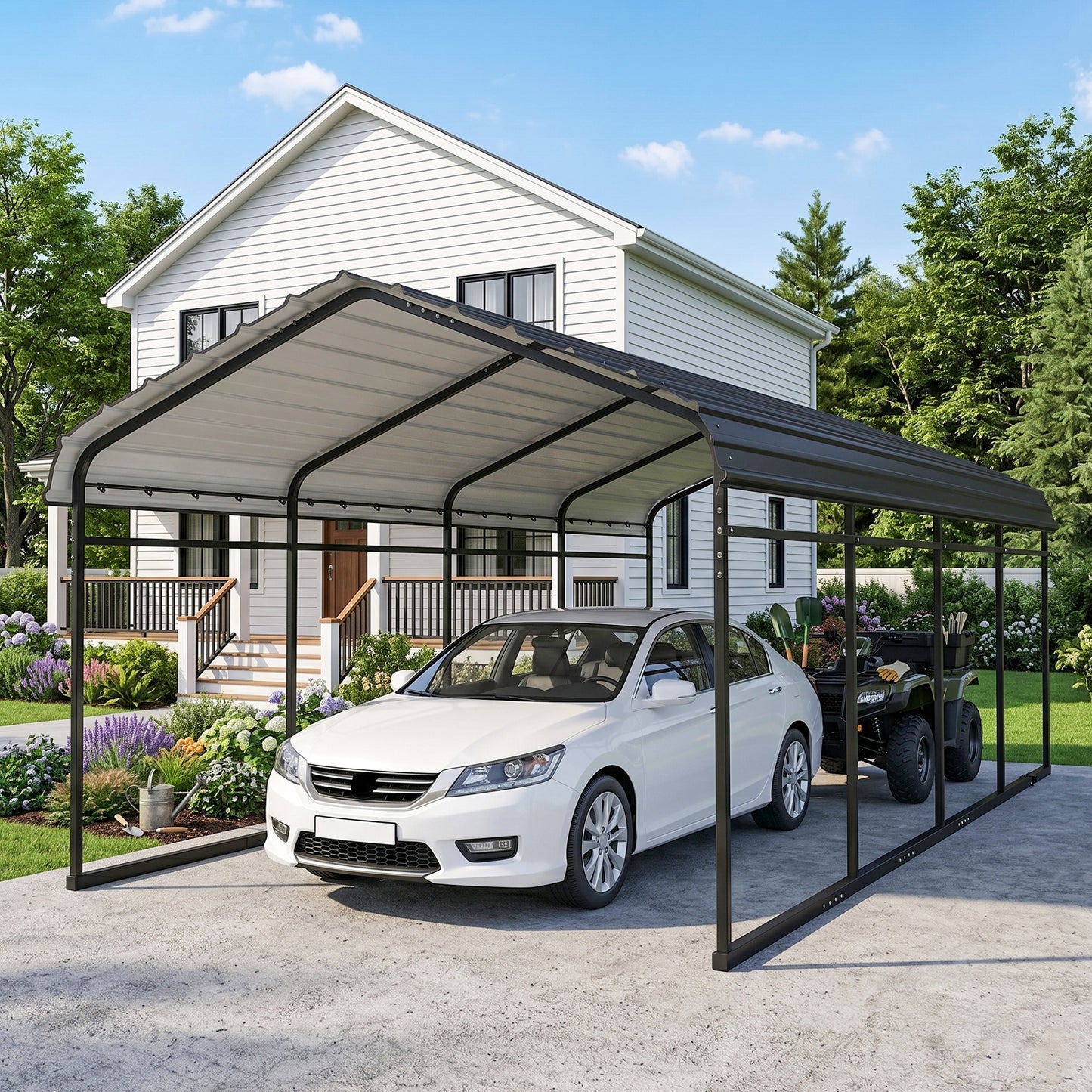 Metal Carport, Heavy Duty Garage Car Shelter with Galvanized Metal Roof and Removable Sidewalls, Light Grey
