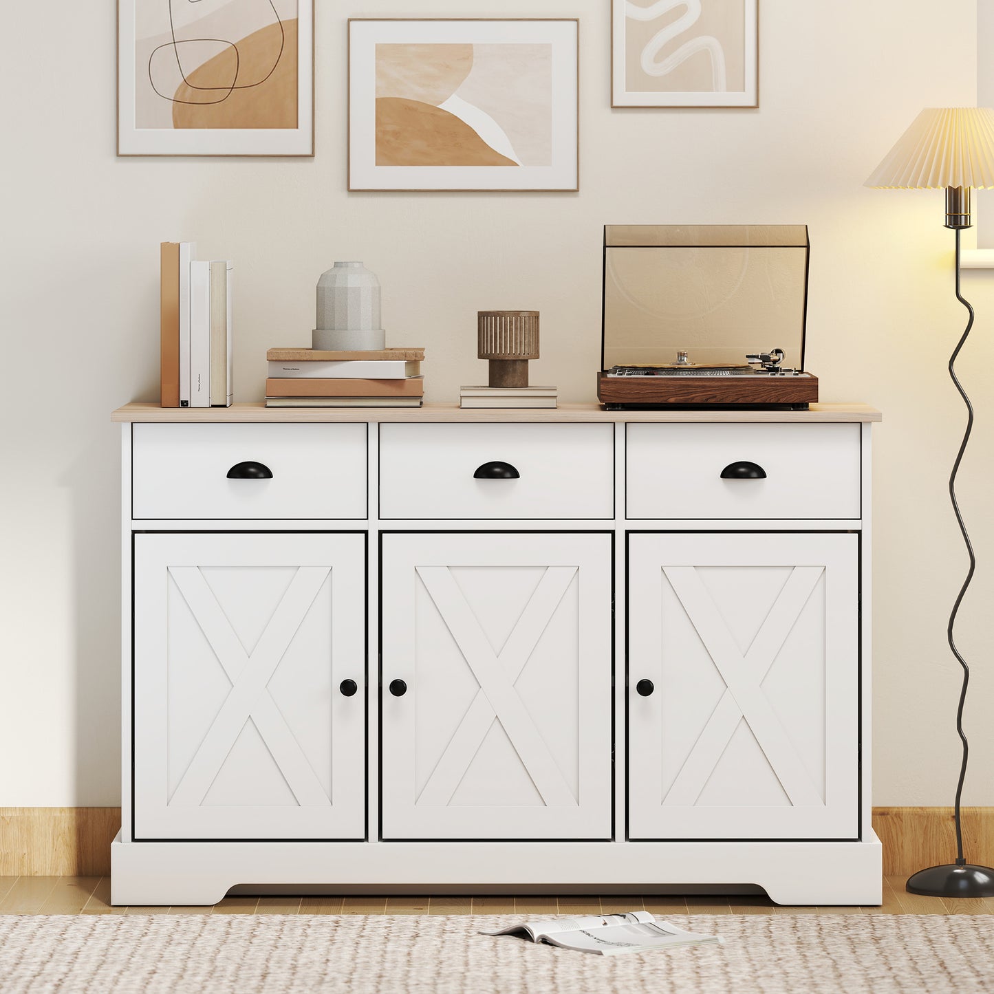 46.5" Buffet Cabinet, Farmhouse Sideboard with 3 Barn Doors and 3 Drawers for Living Room, Kitchen, White