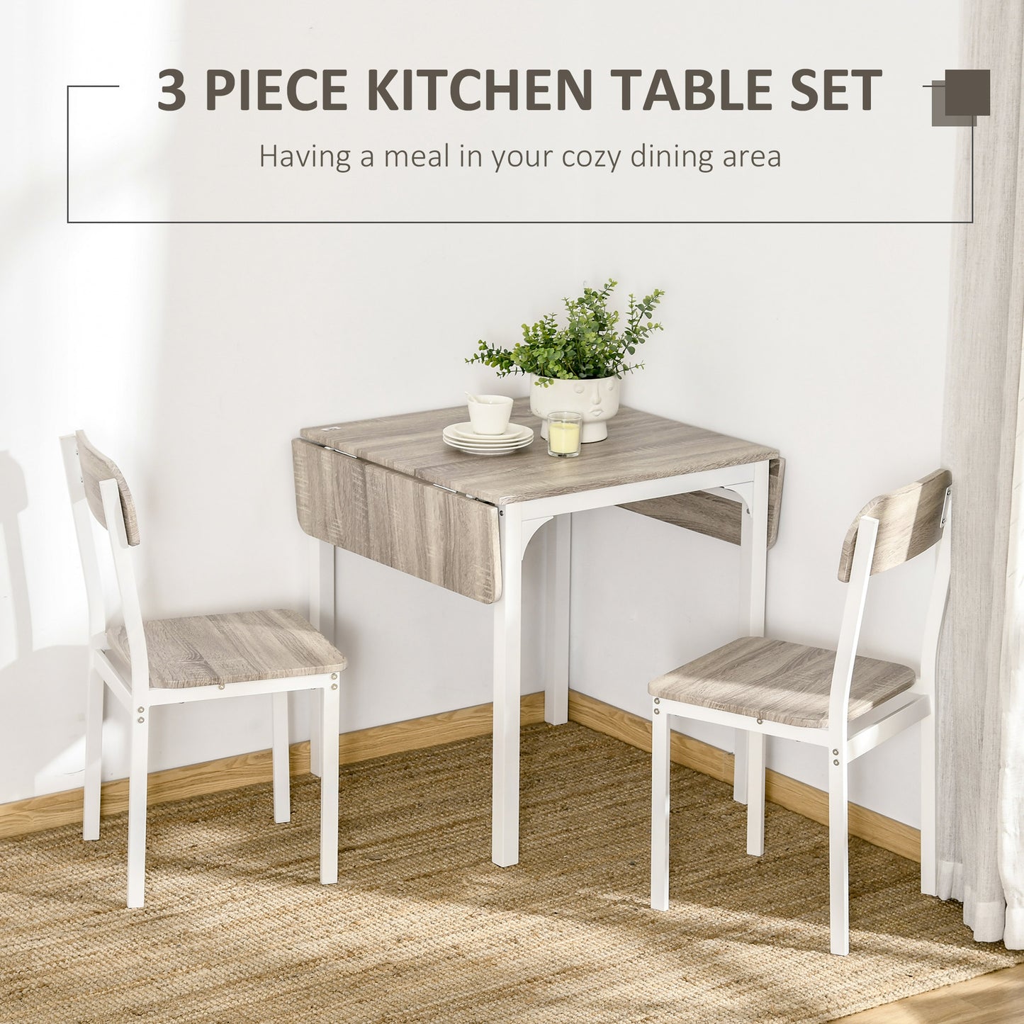 Foldable Dining Table Set for 2, Drop-Leaf Kitchen Table with 2 Chairs for Apartments and Studios, Natural