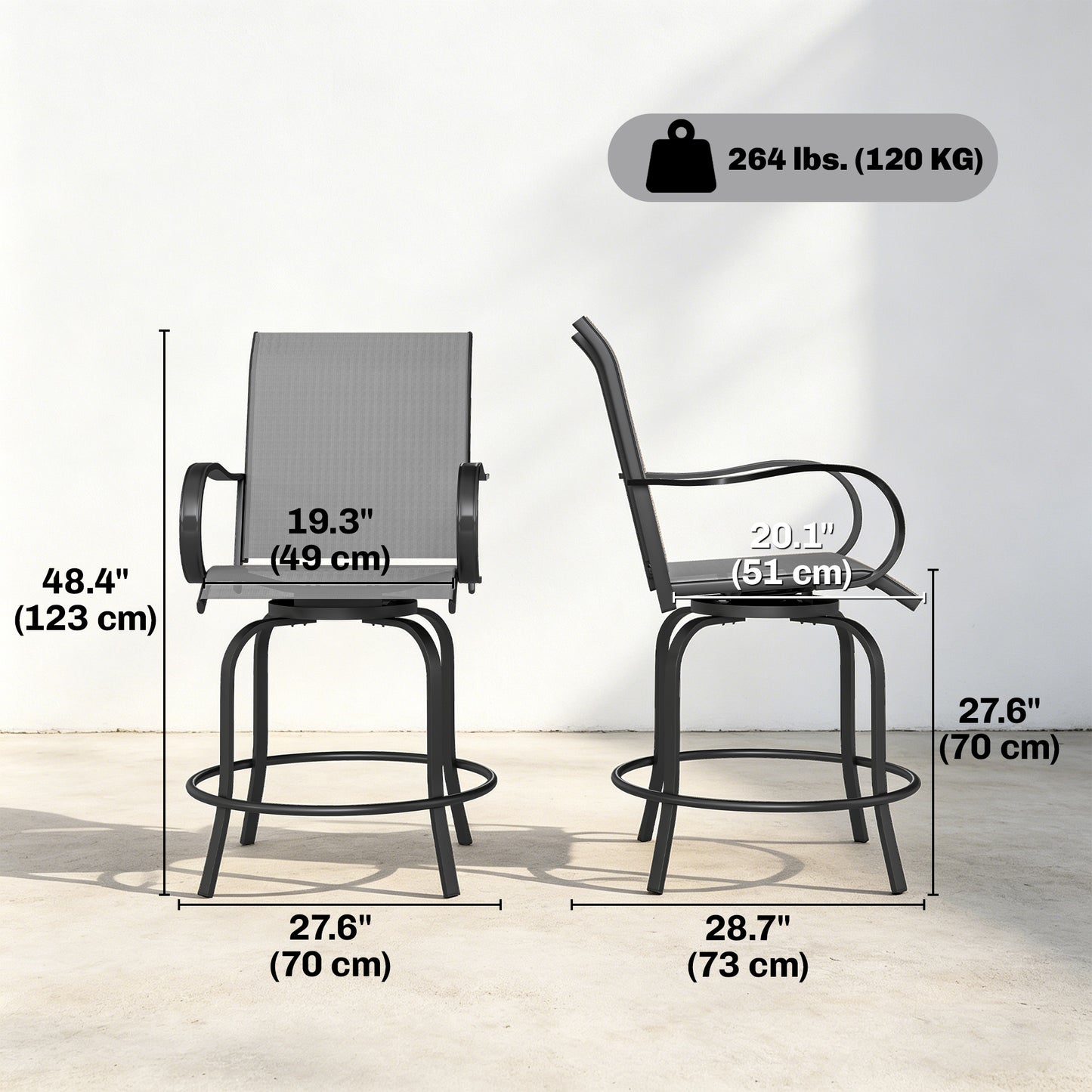 Outdoor Bar Stools Set of 2, 360° Swivel Bar Height Chairs, 26.8" x 29.5" x 48.4", Grey