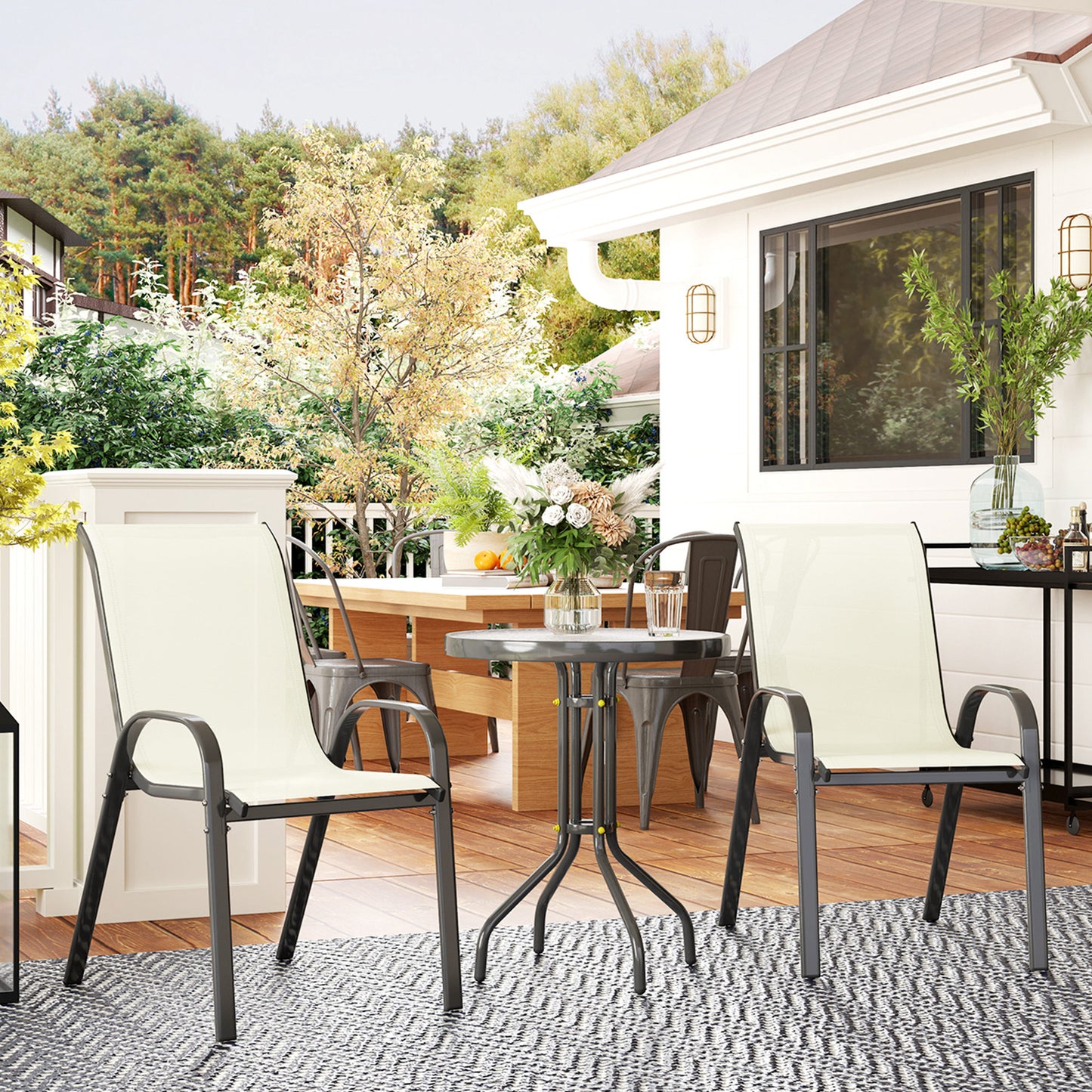 3 Pieces Bistro Set, Small Patio Furniture Set with Stackable Mesh Chairs, Glass Table for Garden, Light Mixed Brown - Beige