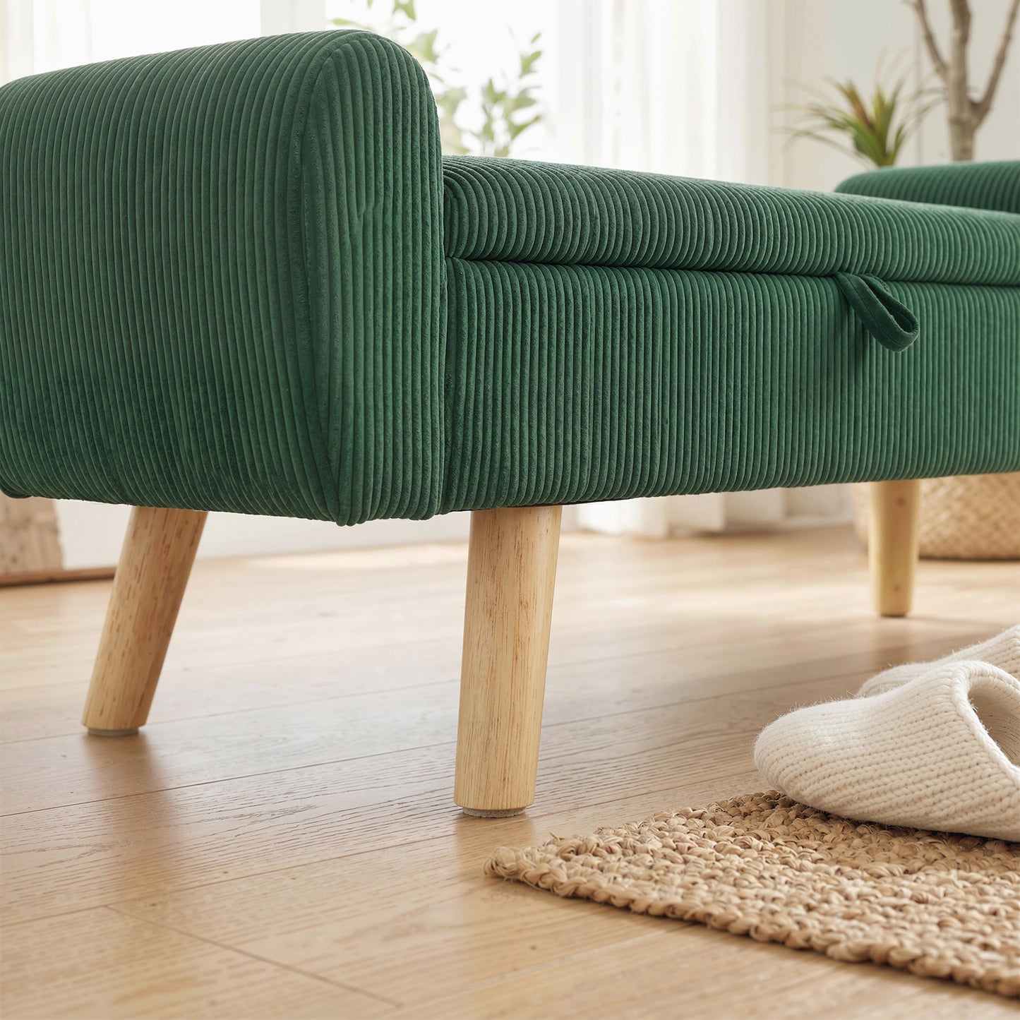 Storage Ottoman, 59" Corduroy End of Bed Storage Bench for King Size Bed with Wooden Legs and Rolled Arms, Dark Green