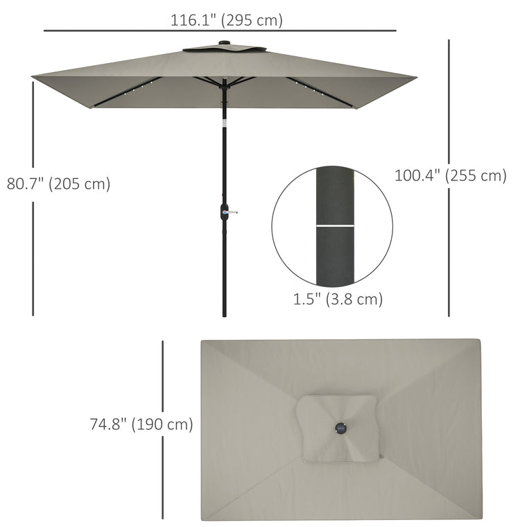 Patio Umbrella with 22 LED Solar Lights and Tilt, Light Grey