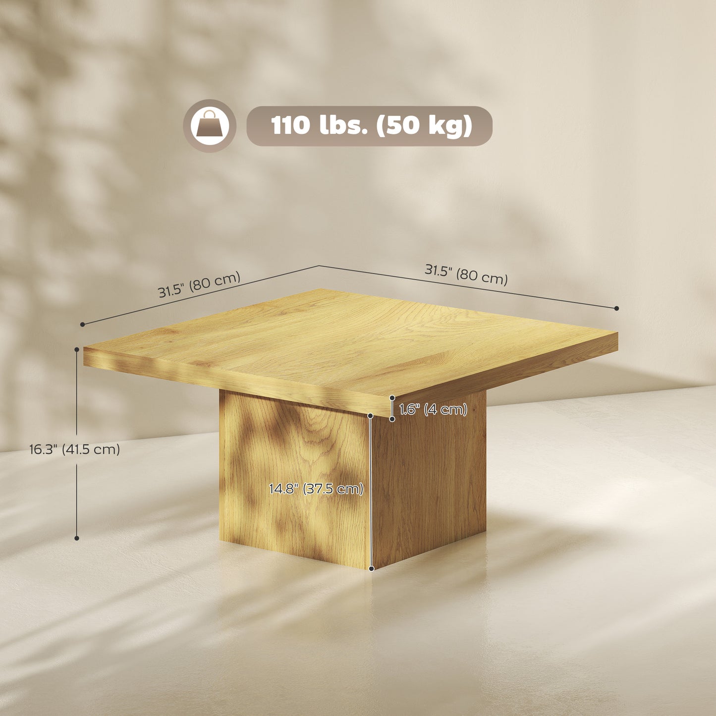 Square Coffee Table, Center Table with 1.6" Thick Tabletop, Natural Wood