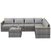 7 Piece Patio Furniture Set, L-Shaped Wicker Outdoor Sectional Sofa with Faux Wood Coffee Table, Cushions, Light Grey