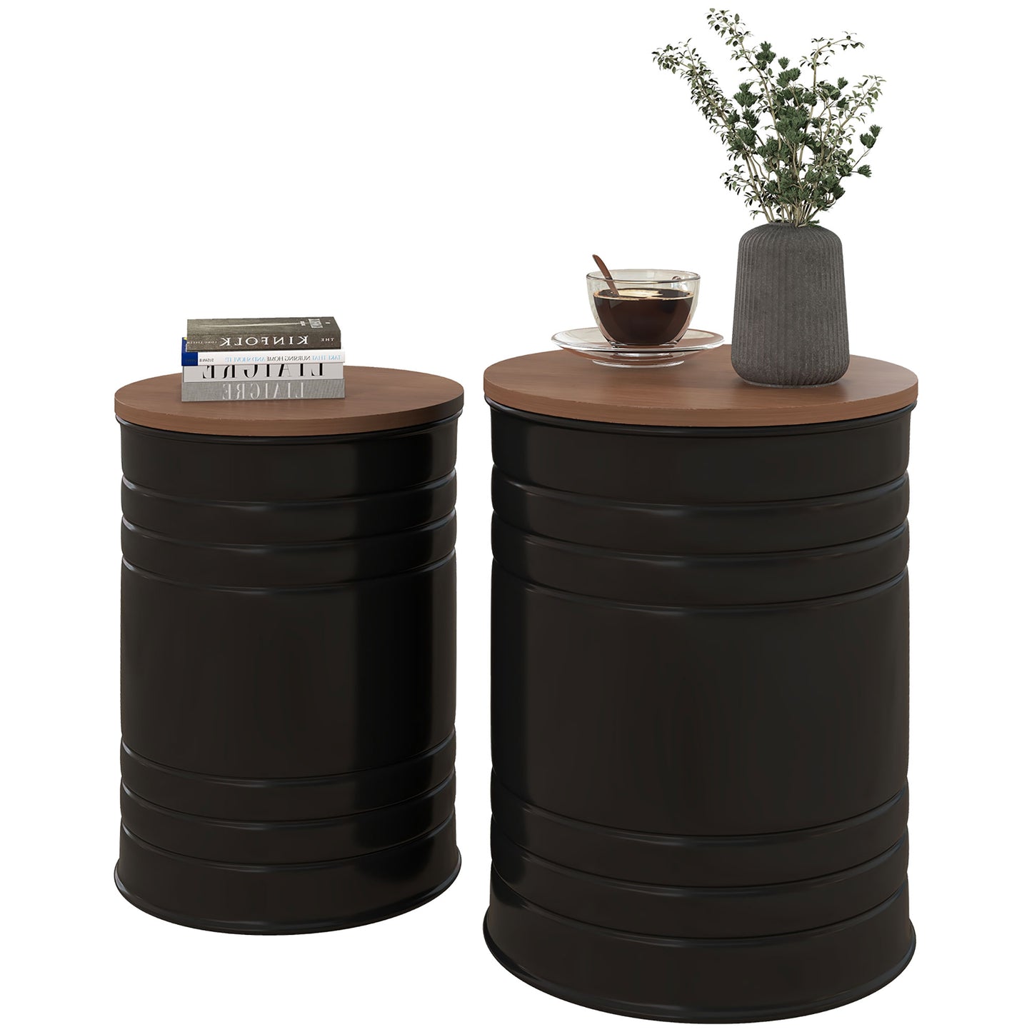 Round Side Table Set of 2, Nesting Coffee Tables w/ Wooden Lid, Metal Frame and Hidden Storage Space for Bedroom, Black