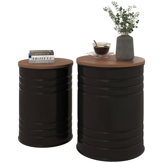Round Nesting Side Tables Set of 2 with Storage - Black