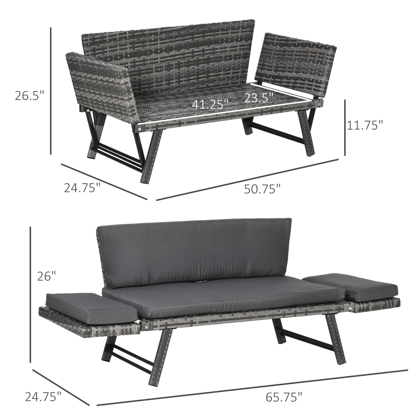 Convertible Wicker Loveseat Grey Patio Chaise Lounge