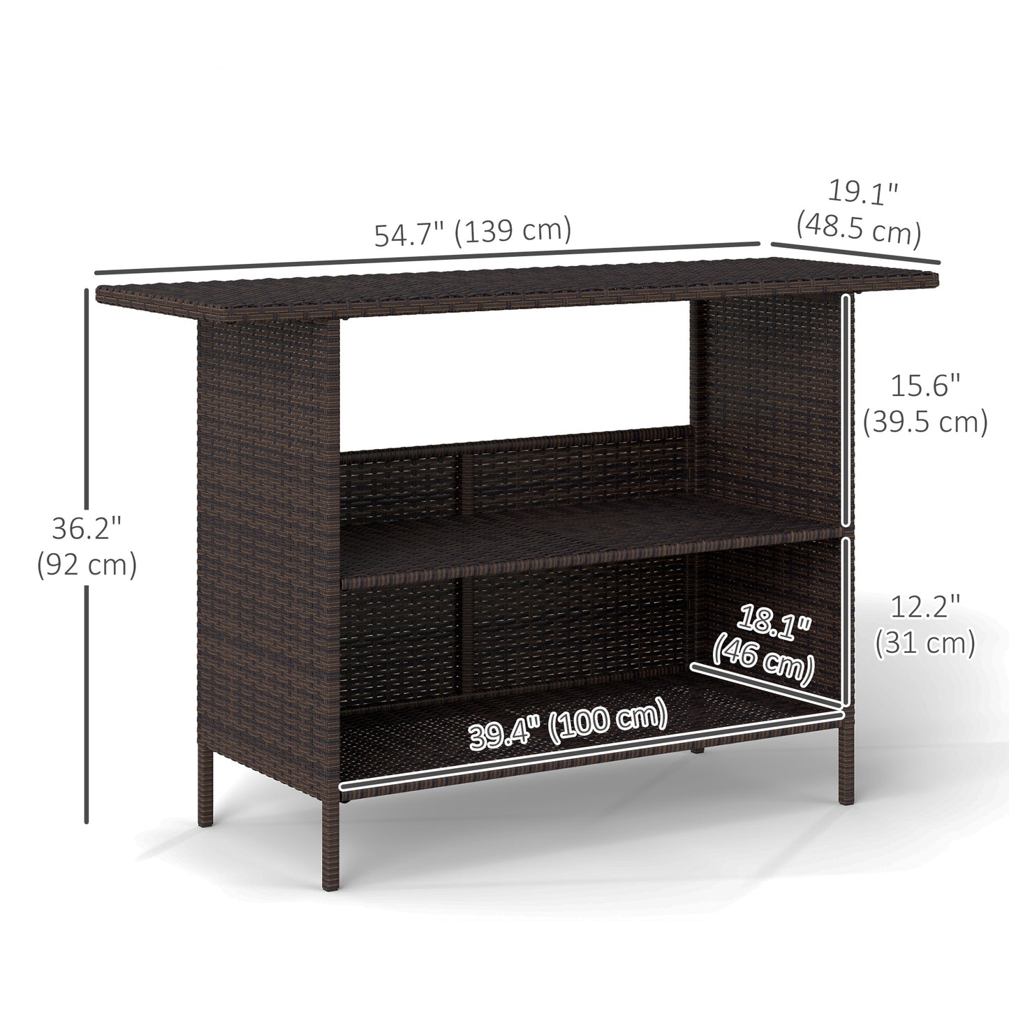 Wicker Outdoor Bar Table, PE Rattan Bar Height Patio Table with 2 Shelves, Steel Frame for Garden, Backyard, Dark Grey