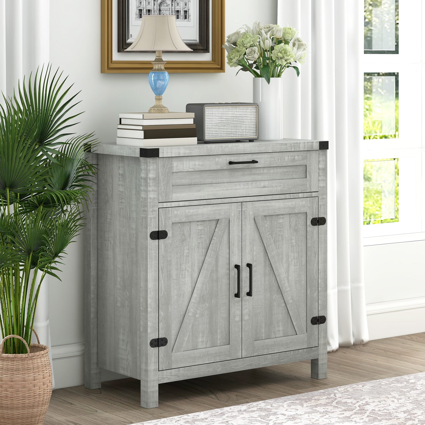 Farmhouse Kitchen Storage Cabinet, Sideboard Buffet Cabinet with 2 Rustic Barn Doors and Drawer, Grey