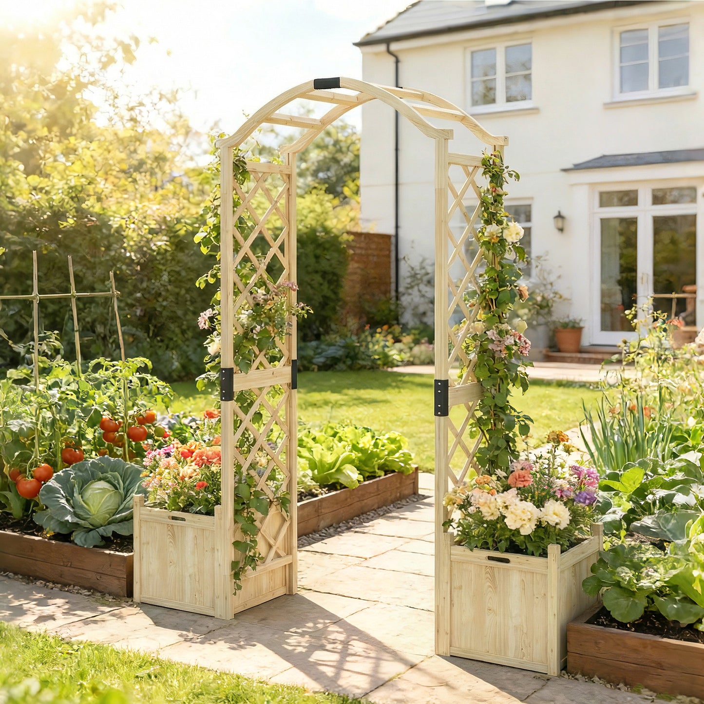 Wooden Garden Arch with 2 Planter Boxes, Arch Trellis for Climbing Plants, Decorative Arbor Archway, Natural Wood