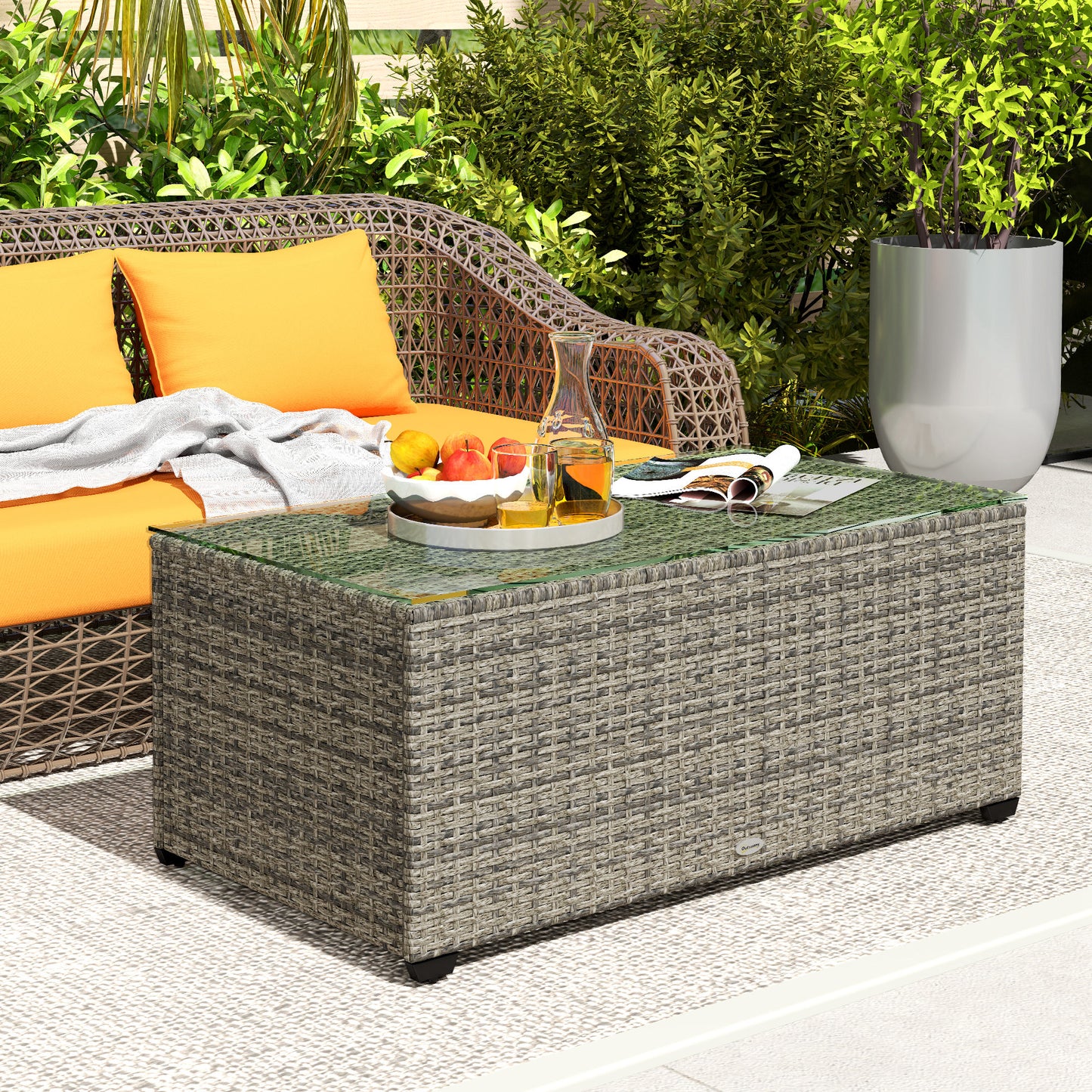 Wicker Outdoor Coffee Table, PE Wicker Rectangular Patio Table with Tempered Glass Top for Garden, Balcony, Light Grey - Dark Grey