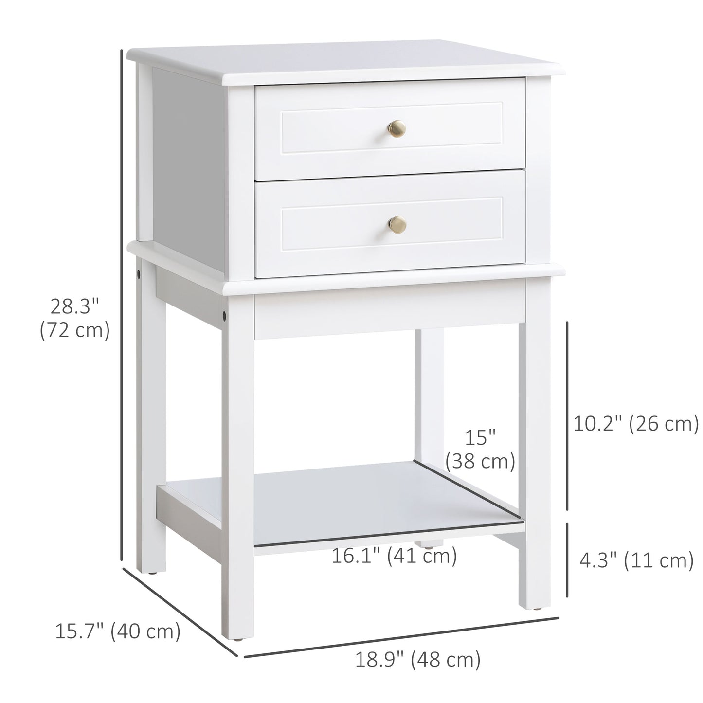 Modern Sofa Side Table, Accent End Table with Drawers and Storage Shelf, Nightstand for Bedroom Living Room, White