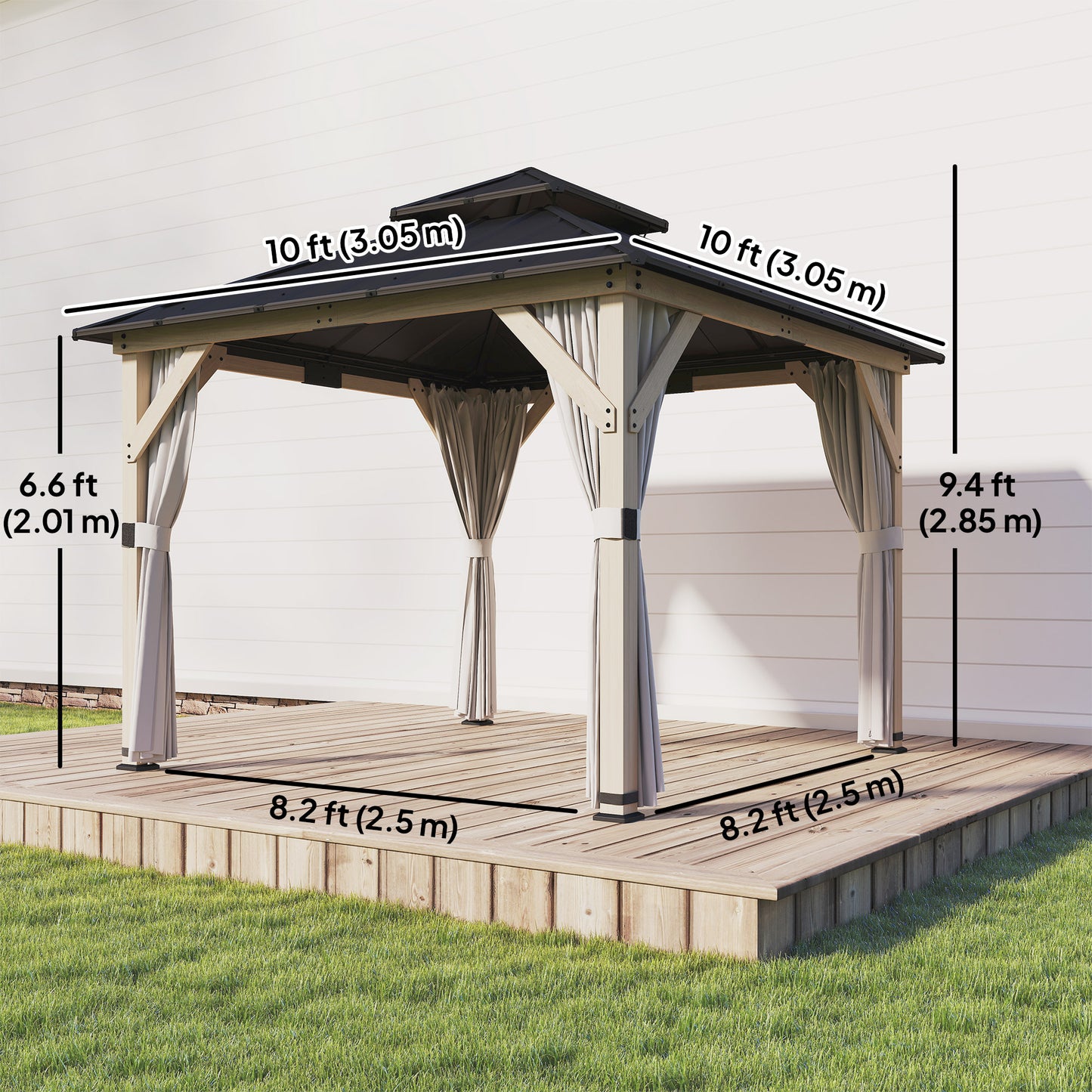 10 x 10 Hardtop Gazebo with Curtains, Wood Patio Gazebo with Double Steel Roof, Hook, Light Grey