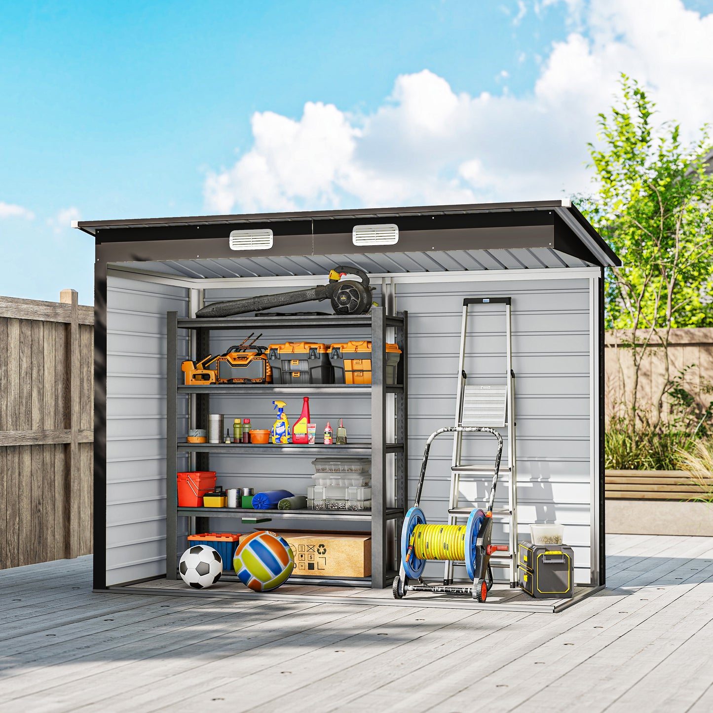 8 x 4 ft Galvanized Garden Storage Shed, Metal Outdoor Tool House with Double Doors and Dual Vents for Backyard and Patio Storage, Teak